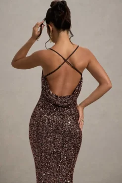 Cosmic | Bronze Sequin Square-Neck Strappy Maxi Dress