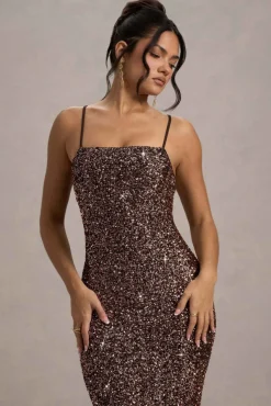 Cosmic | Bronze Sequin Square-Neck Strappy Maxi Dress