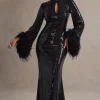 Cosmic Star | Black Sequin High-Neck Maxi Dress With Feather Cuffs