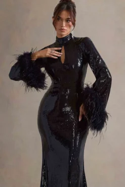 Cosmic Star | Black Sequin High-Neck Maxi Dress With Feather Cuffs