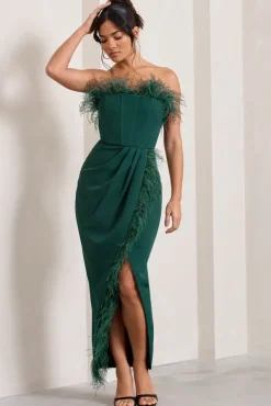 Cosmo | Bottle Green Bandeau Feather Corset Split Maxi Dress
