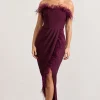 Cosmo | Burgundy Bandeau Feather Corset Split Maxi Dress