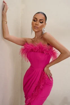 Cosmo | Hot Pink Bandeau Corset Maxi Dress With Feather Trim