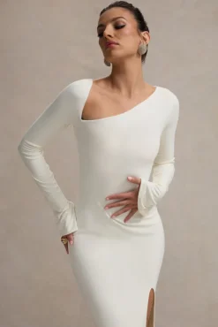 Cosmos | White Asymmetric Long-Sleeve Split Maxi Dress