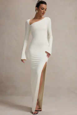 Cosmos | White Asymmetric Long-Sleeve Split Maxi Dress
