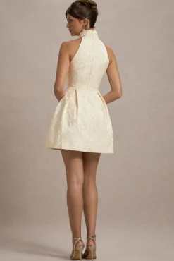 Costa | Ecru Jacquard High-Neck Mini Dress With Pleated Skirt