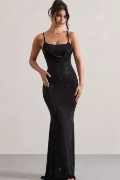 Costella | Black Embellished Strappy Cowl-Neck Maxi Dress