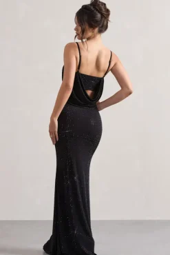 Costella | Black Embellished Strappy Cowl-Neck Maxi Dress