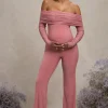 Count Down | Blush Pink Maternity Ruched Mesh Bardot Jumpsuit
