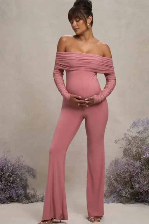 Count Down | Blush Pink Maternity Ruched Mesh Bardot Jumpsuit