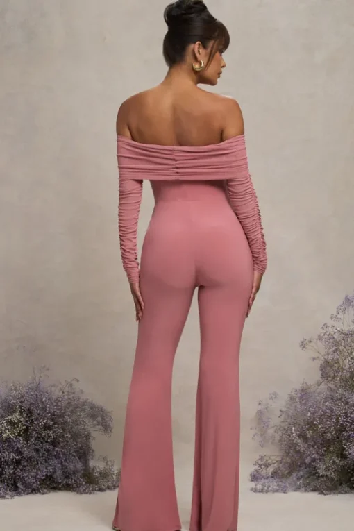 Count Down | Blush Pink Maternity Ruched Mesh Bardot Jumpsuit