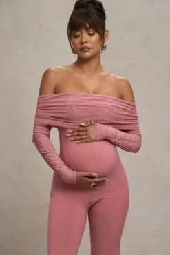Count Down | Blush Pink Maternity Ruched Mesh Bardot Jumpsuit