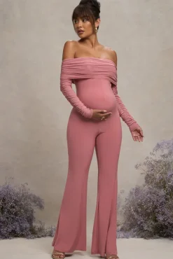 Count Down | Blush Pink Maternity Ruched Mesh Bardot Jumpsuit