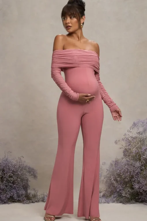Count Down | Blush Pink Maternity Ruched Mesh Bardot Jumpsuit