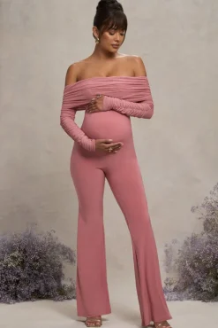 Count Down | Blush Pink Maternity Ruched Mesh Bardot Jumpsuit