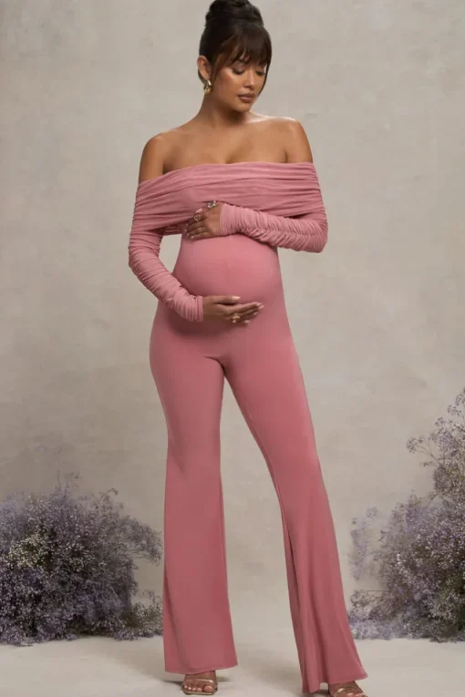 Count Down | Blush Pink Maternity Ruched Mesh Bardot Jumpsuit