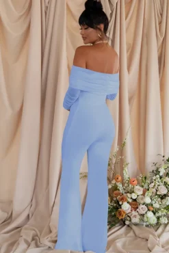 Count Down | Powder Blue Maternity Ruched Mesh Bardot Jumpsuit