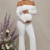 Count Down | White Maternity Ruched Mesh Bardot Jumpsuit