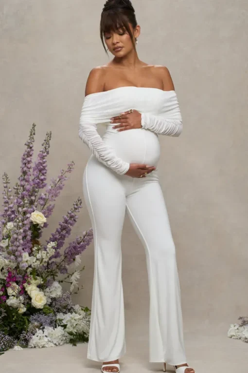 Count Down | White Maternity Ruched Mesh Bardot Jumpsuit