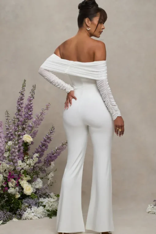 Count Down | White Maternity Ruched Mesh Bardot Jumpsuit