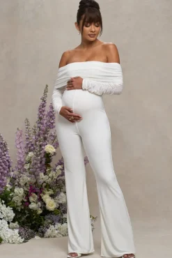 Count Down | White Maternity Ruched Mesh Bardot Jumpsuit