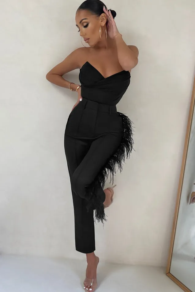 Count Me In | Black Tailored Feather Trim Trousers