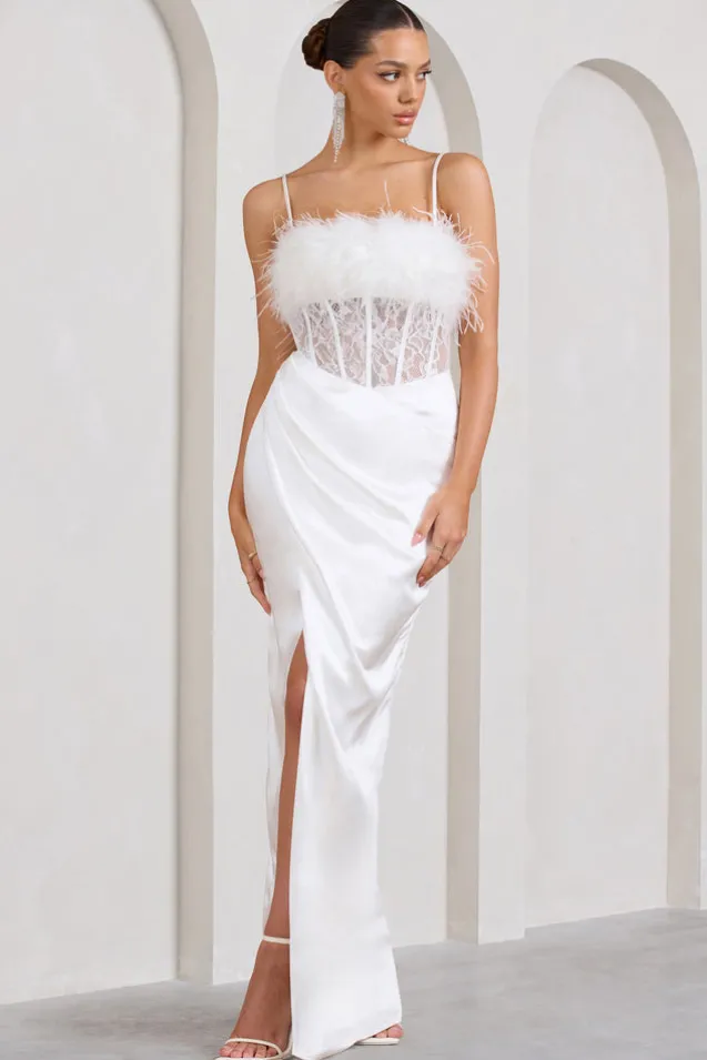 Countess | White Lace Corset Maxi Dress With Feather Trim