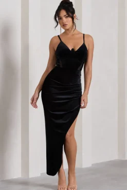 Courchevel | Black Velvet Strappy Corset Asymmetric Maxi Dress