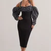 Couture Client | Black u0026 White Polka Dot Halter-Neck Puff Sleeve Midi Dress