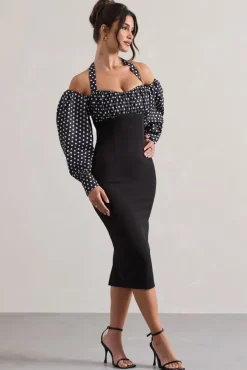 Couture Client | Black u0026 White Polka Dot Halter-Neck Puff Sleeve Midi Dress