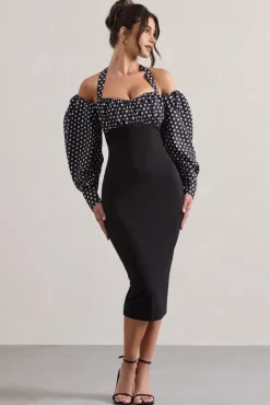 Couture Client | Black u0026 White Polka Dot Halter-Neck Puff Sleeve Midi Dress