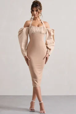 Couture Client | Champagne Halter-Neck Puff Sleeve Midi Dress