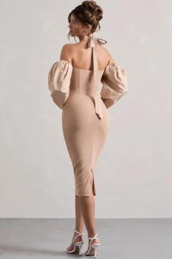Couture Client | Champagne Halter-Neck Puff Sleeve Midi Dress