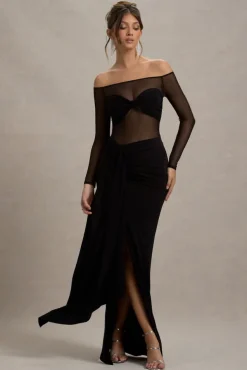 Cover Star | Black Mesh Bardot Long-Sleeve Draped Maxi Dress