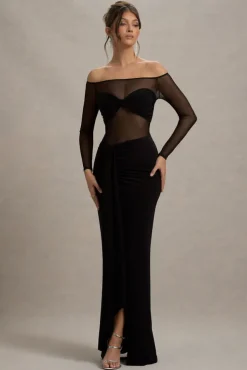 Cover Star | Black Mesh Bardot Long-Sleeve Draped Maxi Dress