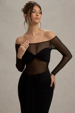 Cover Star | Black Mesh Bardot Long-Sleeve Draped Maxi Dress