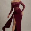 Cover Star | Burgundy Mesh Bardot Long-Sleeve Draped Maxi Dress