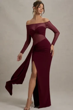 Cover Star | Burgundy Mesh Bardot Long-Sleeve Draped Maxi Dress