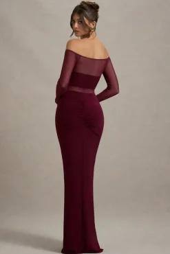 Cover Star | Burgundy Mesh Bardot Long-Sleeve Draped Maxi Dress