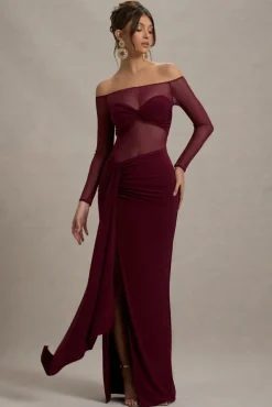 Cover Star | Burgundy Mesh Bardot Long-Sleeve Draped Maxi Dress