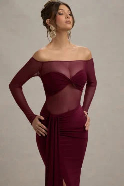 Cover Star | Burgundy Mesh Bardot Long-Sleeve Draped Maxi Dress