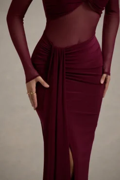 Cover Star | Burgundy Mesh Bardot Long-Sleeve Draped Maxi Dress