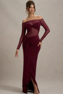 Cover Star | Burgundy Mesh Bardot Long-Sleeve Draped Maxi Dress