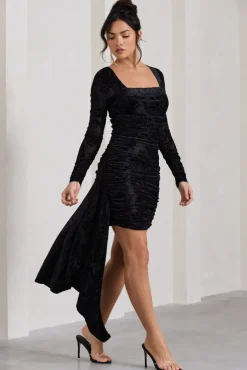 Crimson Cut | Black Velvet Floral Long-Sleeved Ruffled Bodycon Mini Dress