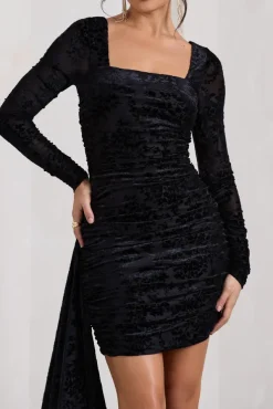 Crimson Cut | Black Velvet Floral Long-Sleeved Ruffled Bodycon Mini Dress