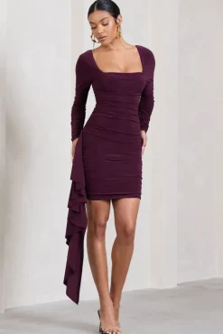 Crimson Cut | Burgundy Long-Sleeved Ruffled Bodycon Mini Dress