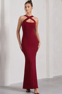 Cross My Heart | Berry Red Sleeveless Cross-Neck Maxi Dress