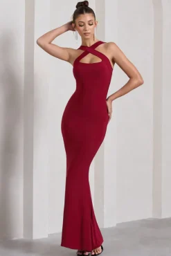 Cross My Heart | Berry Red Sleeveless Cross-Neck Maxi Dress