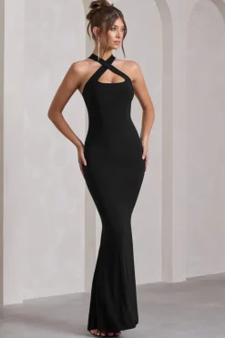 Cross My Heart | Black Sleeveless Cross-Neck Maxi Dress