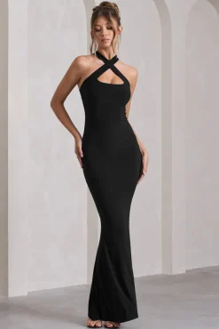 Cross My Heart | Black Sleeveless Cross-Neck Maxi Dress